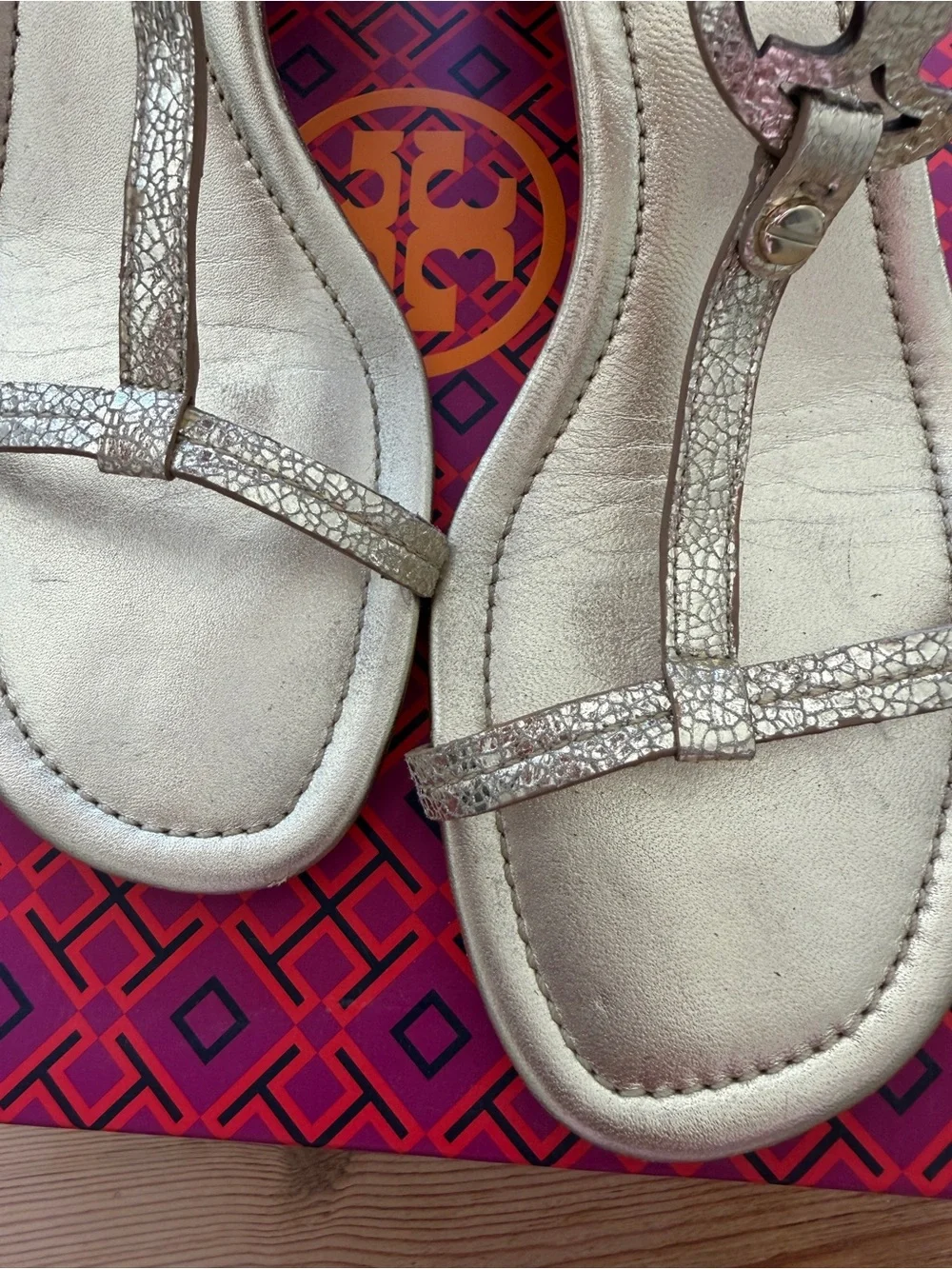 Tory Burch Metallic gold T-Strap Logo Sandals